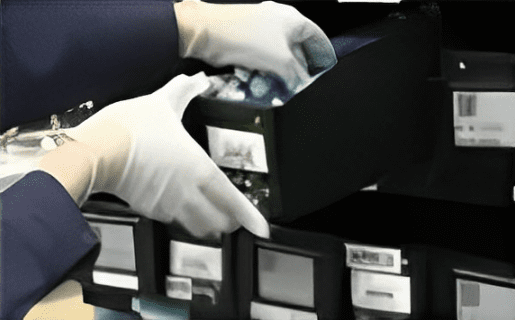A person in white gloves is putting something into a box.